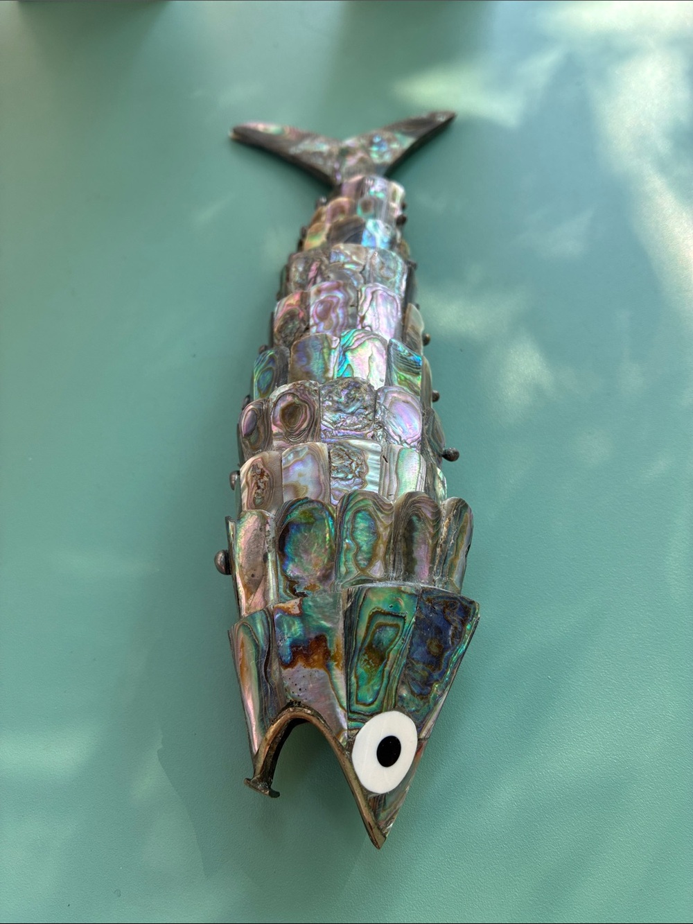 Vintage Abalone Shell Articulated Fish Bottle Opener 8” Mexico